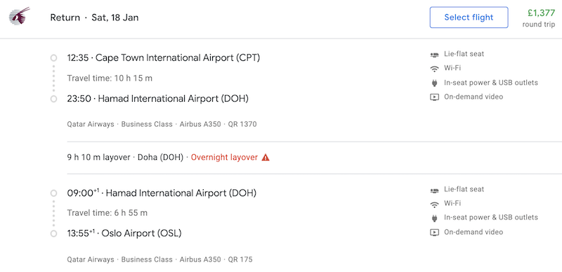 example itinerary via doha showing 9 hour layover