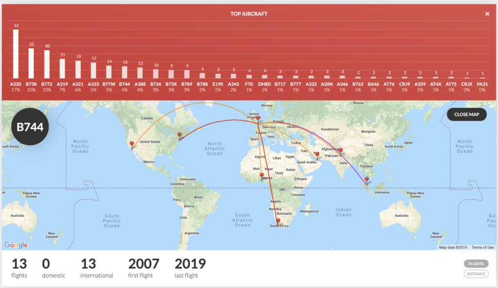 Boeing 747 flight stats map